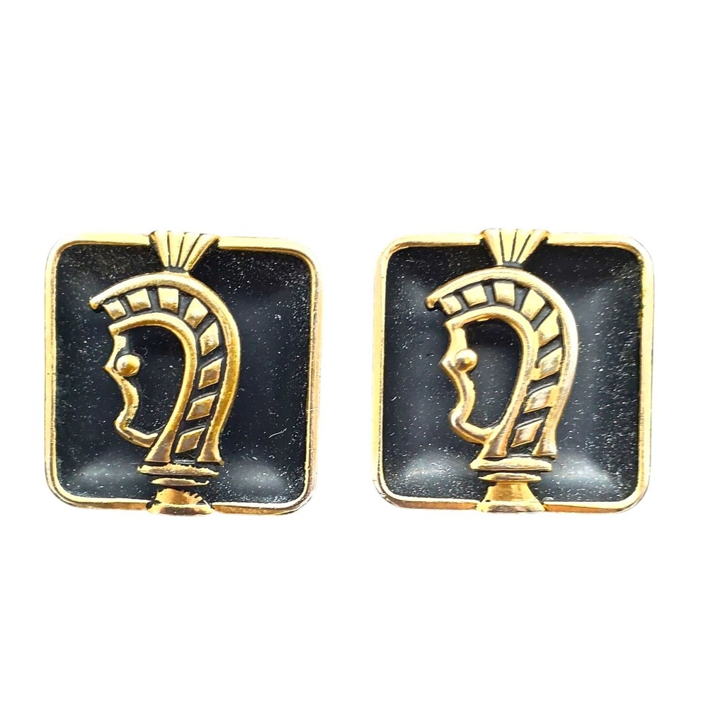Swank Knight Black Enamel Cufflinks Square Gold Tone Soldier Warrior Vintage
